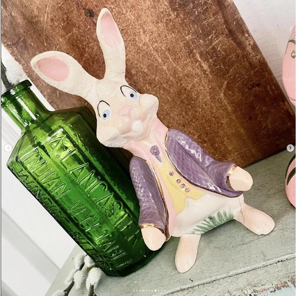 Vintage Easter Bunny Rabbit Statue Figurine Floral Egg Ceramic Atlantic Mold 2pc - Picture 8 of 10